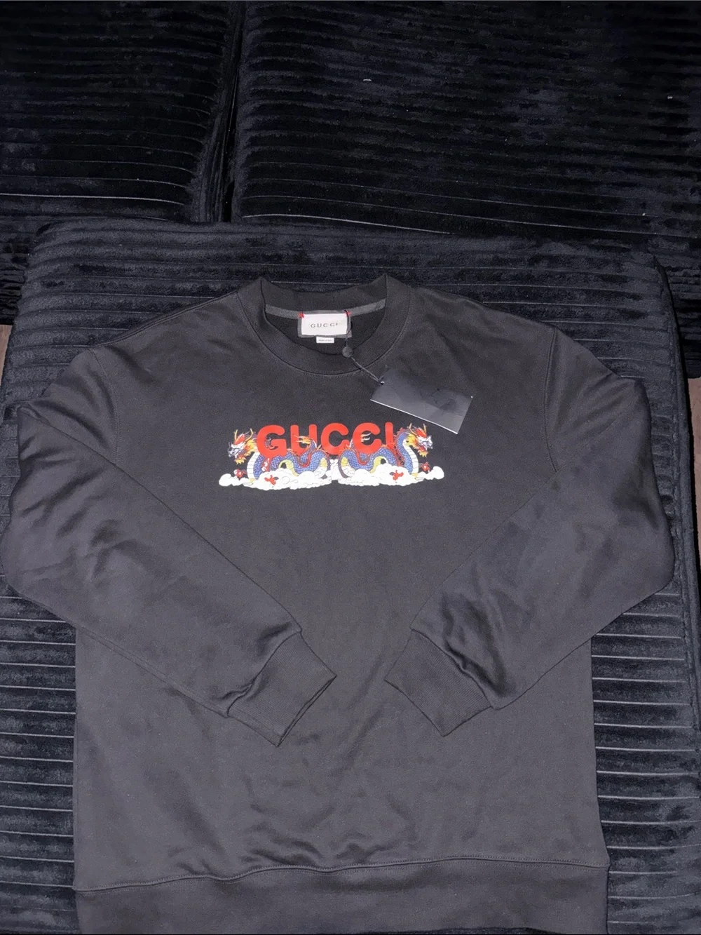 Gucci Black Crewneck Sweatshirt with Red Logo and Multicolor Embroidery